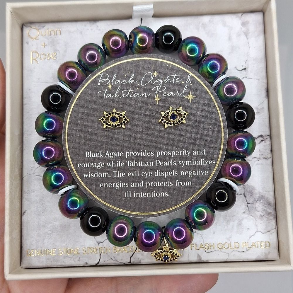 Tahitian pearl stud earrings black agate bracelet set evil eye protection